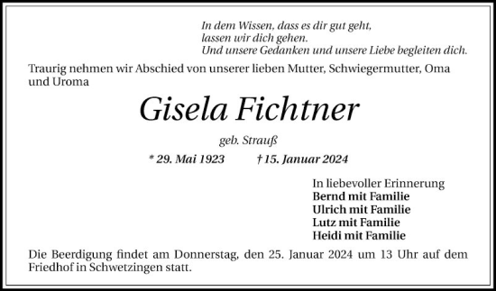 Traueranzeige von Gisela Fichtner von Schwetzinger Zeitung