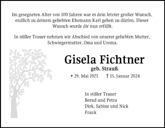 Traueranzeige von Gisela Fichtner von Schwetzinger Zeitung