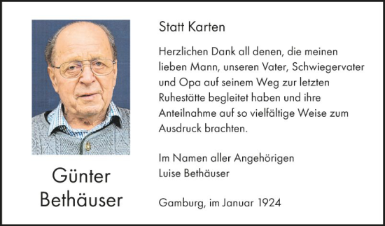 Traueranzeige von Günter Bethäuser von Fränkische Nachrichten