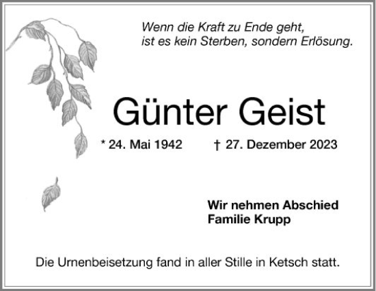 Traueranzeige von Günter Geist von Schwetzinger Zeitung