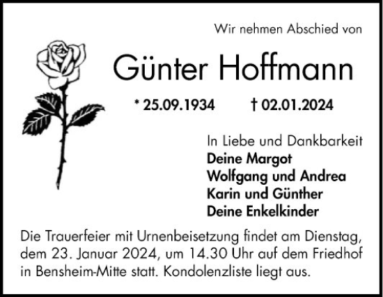 Traueranzeige von Günter Hoffmann von Bergsträßer Anzeiger