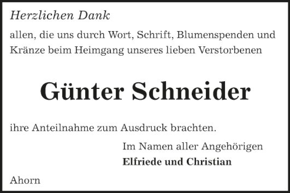  Traueranzeige für Günter Schneider vom 10.01.2024 aus Fränkische Nachrichten