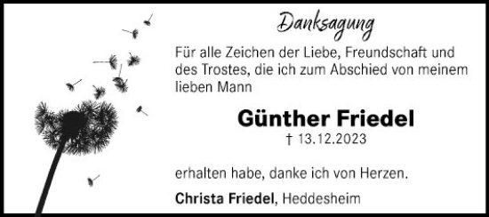 Traueranzeige von Günther Friedel von Mannheimer Morgen
