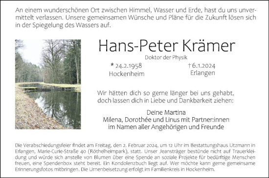 Traueranzeige von Hand Peter Krämer von Schwetzinger Zeitung