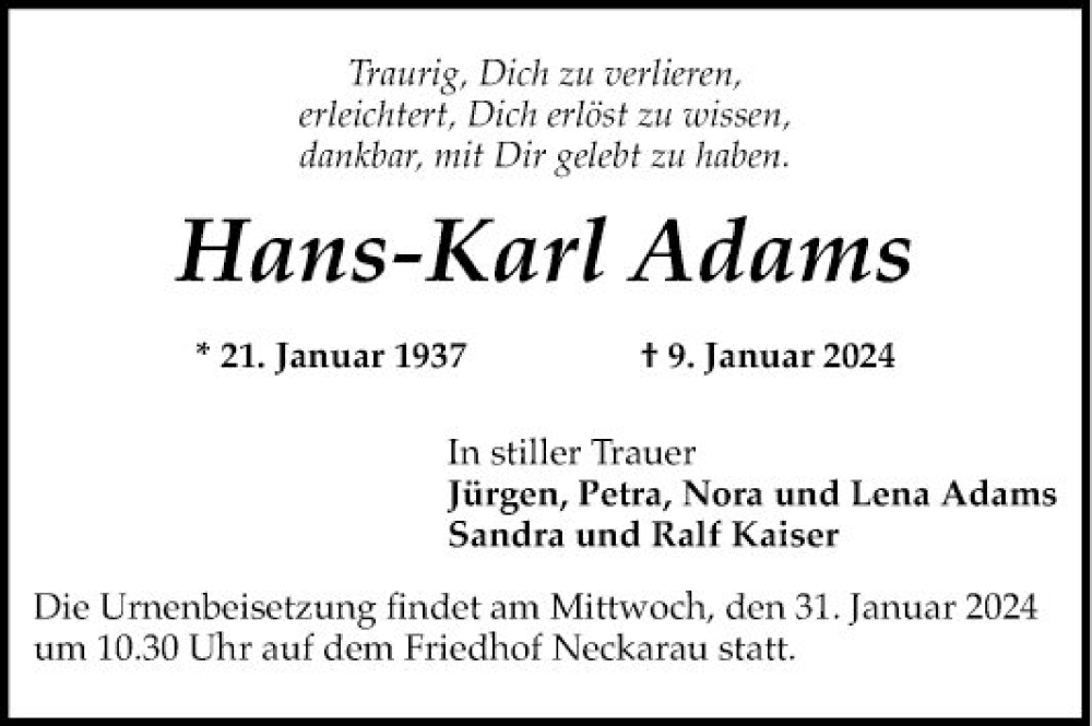  Traueranzeige für Hans-Karl Adams vom 20.01.2024 aus Mannheimer Morgen