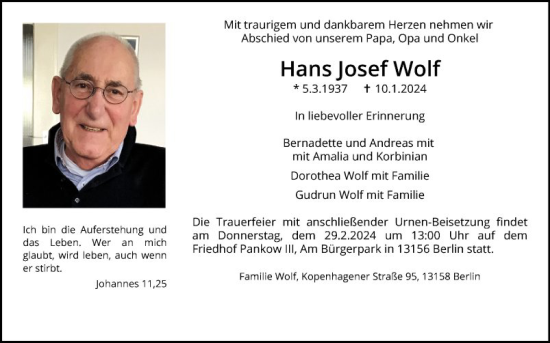 Traueranzeige von Hans Josef Wolf von Fränkische Nachrichten
