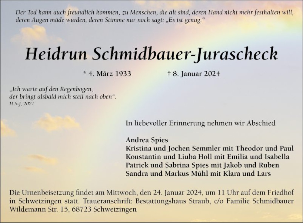  Traueranzeige für Heidrun Schmidbauer-jurascheck vom 20.01.2024 aus Schwetzinger Zeitung