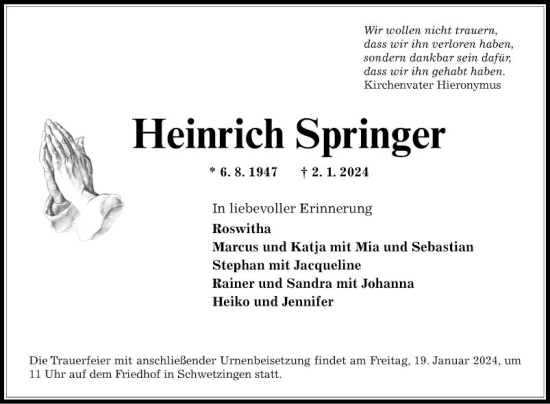 Traueranzeige von Heinrich Springer von Schwetzinger Zeitung