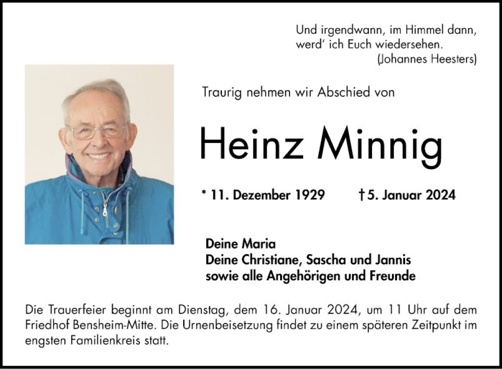  Traueranzeige für Heinz Minnig vom 13.01.2024 aus Bergsträßer Anzeiger