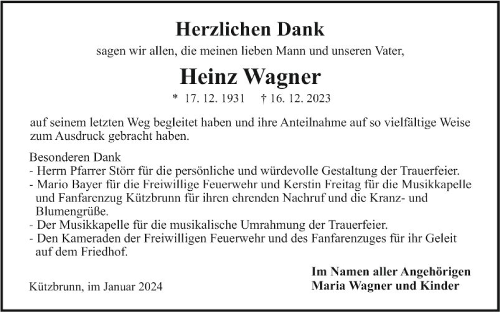  Traueranzeige für Heinz Wagner vom 13.01.2024 aus Fränkische Nachrichten