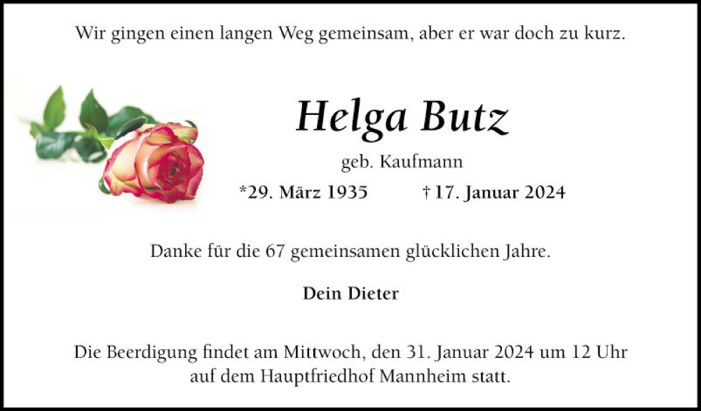  Traueranzeige für Helga Butz vom 27.01.2024 aus Mannheimer Morgen
