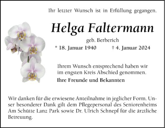 Traueranzeige von Helga Faltermann von Schwetzinger Zeitung