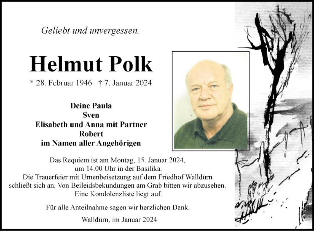  Traueranzeige für Helmut Polk vom 12.01.2024 aus Fränkische Nachrichten