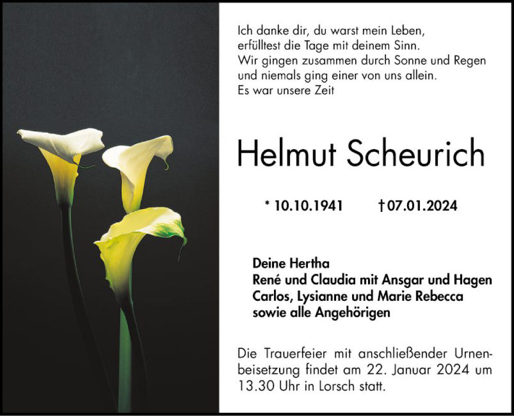  Traueranzeige für Helmut Scheurich vom 19.01.2024 aus Bergsträßer Anzeiger