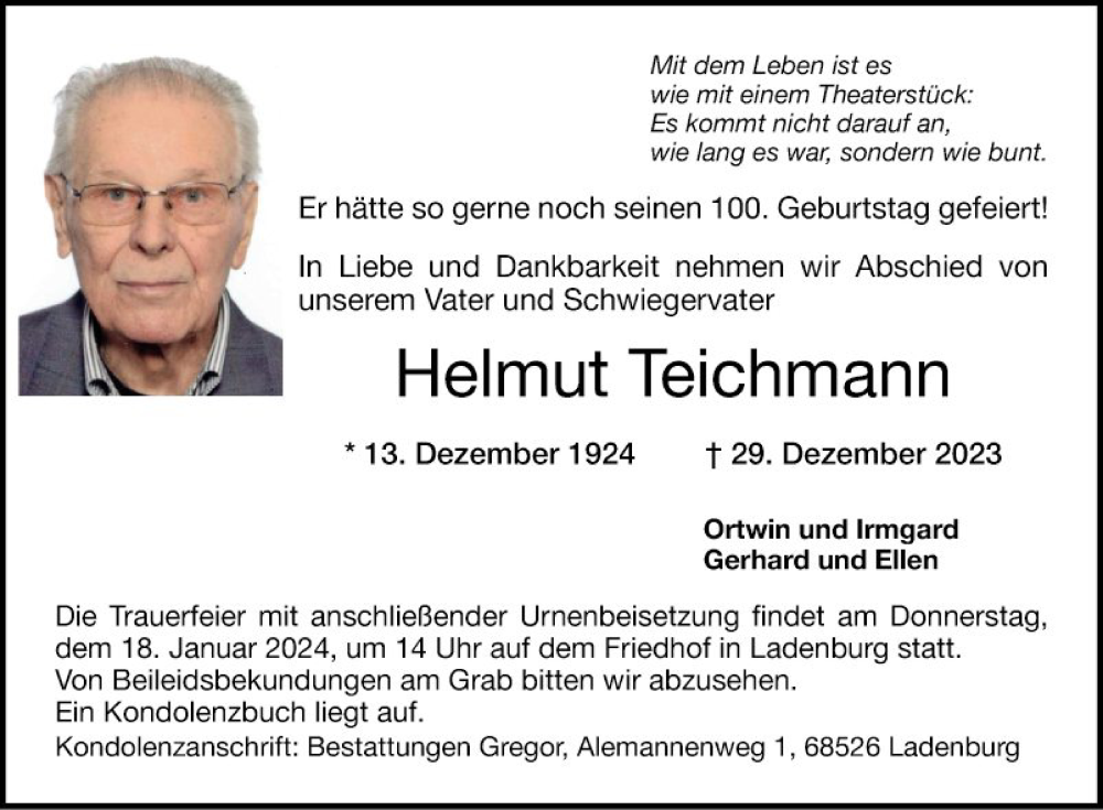  Traueranzeige für Helmut Teichmann vom 13.01.2024 aus Mannheimer Morgen