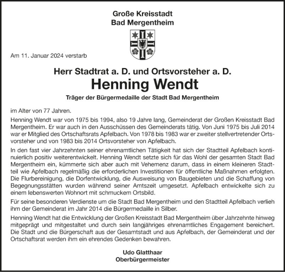  Traueranzeige für Henning Wendt vom 18.01.2024 aus Fränkische Nachrichten