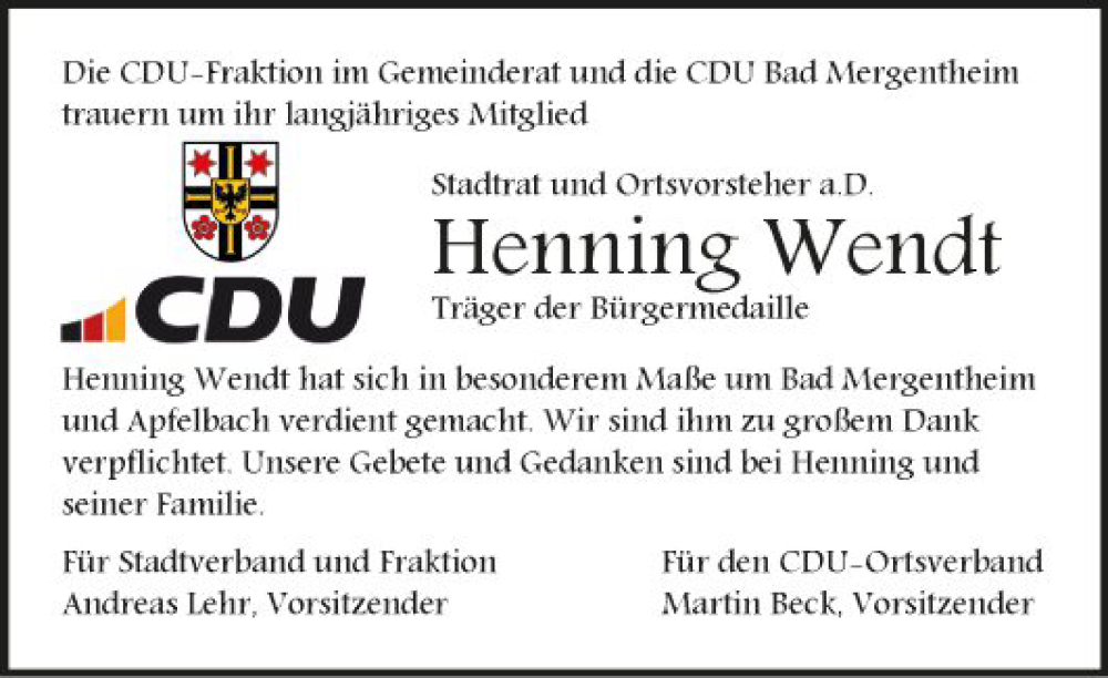  Traueranzeige für Henning Wendt vom 19.01.2024 aus Fränkische Nachrichten