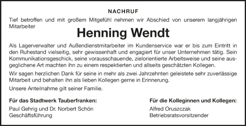  Traueranzeige für Henning Wendt vom 18.01.2024 aus Fränkische Nachrichten