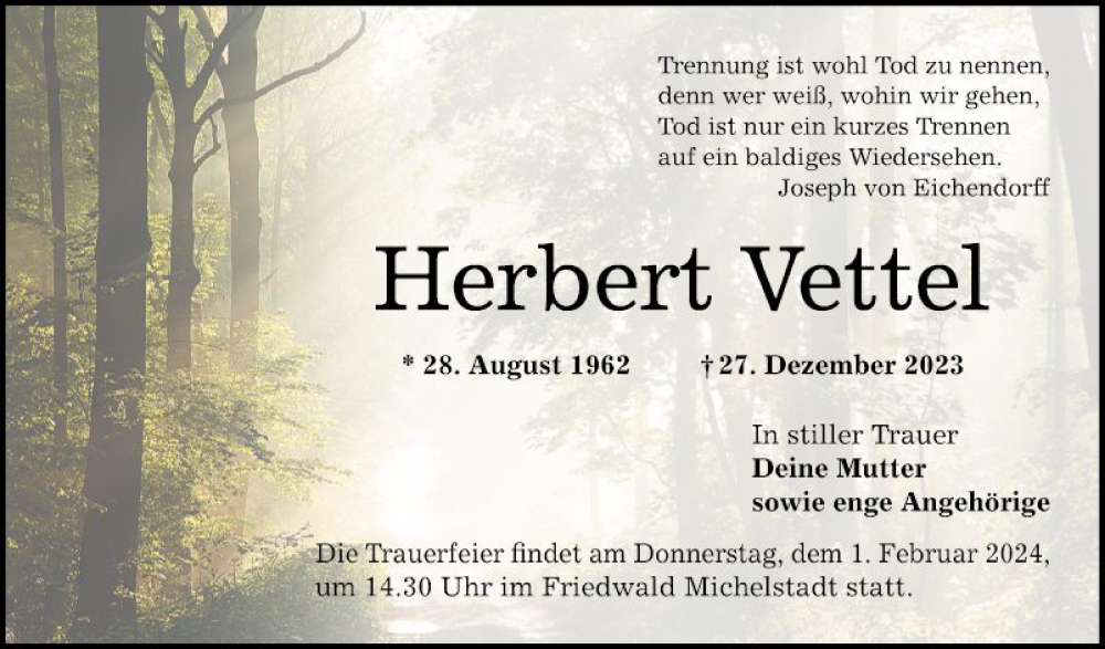  Traueranzeige für Herbert Vettel vom 27.01.2024 aus Bergsträßer Anzeiger