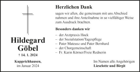 Traueranzeige von Hildegard Göbel von Fränkische Nachrichten