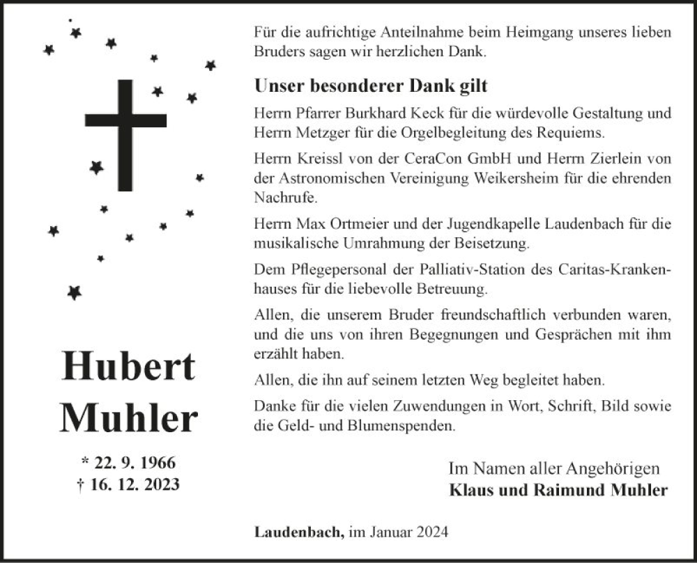 Traueranzeige für Hubert Muhler vom 27.01.2024 aus Fränkische Nachrichten