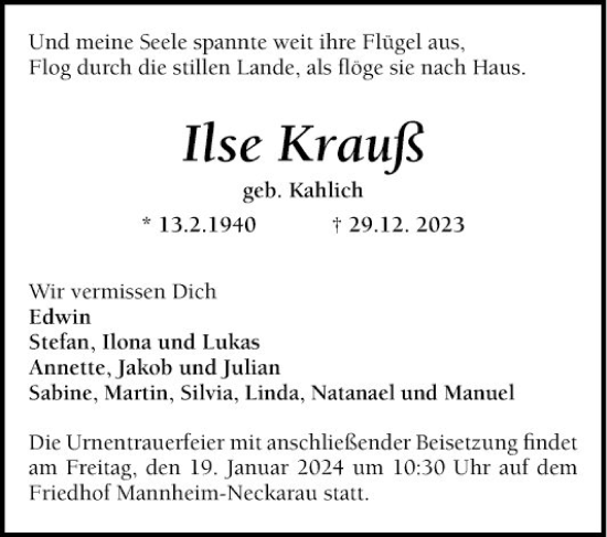 Traueranzeige von Ilse Krauß von Mannheimer Morgen