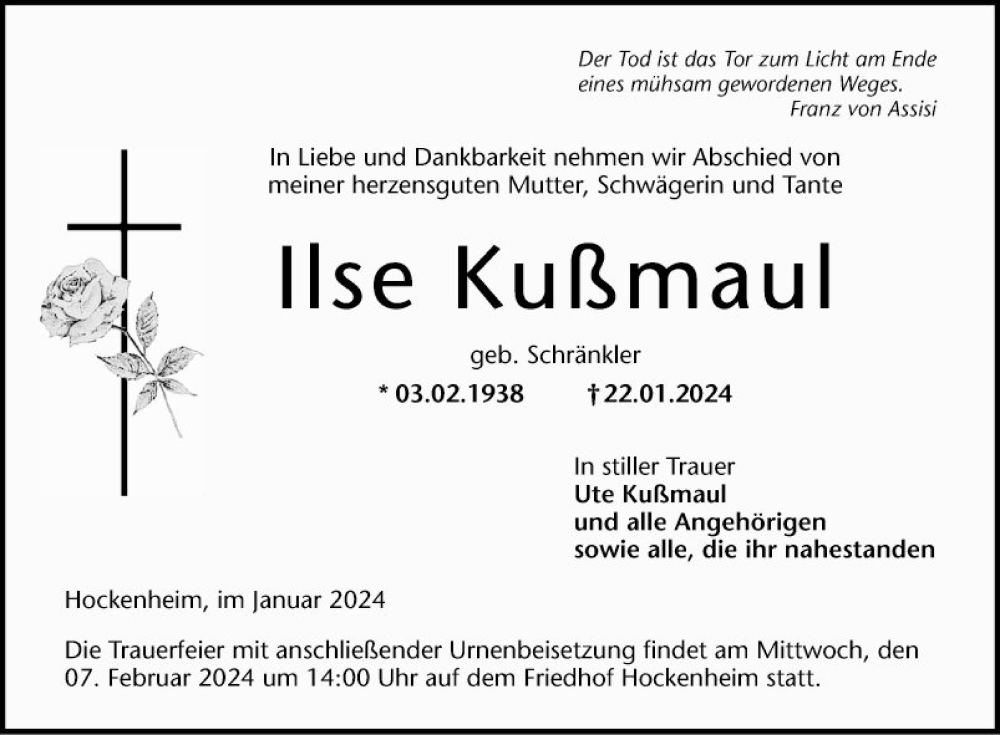  Traueranzeige für Ilse Kußmaul vom 27.01.2024 aus Schwetzinger Zeitung