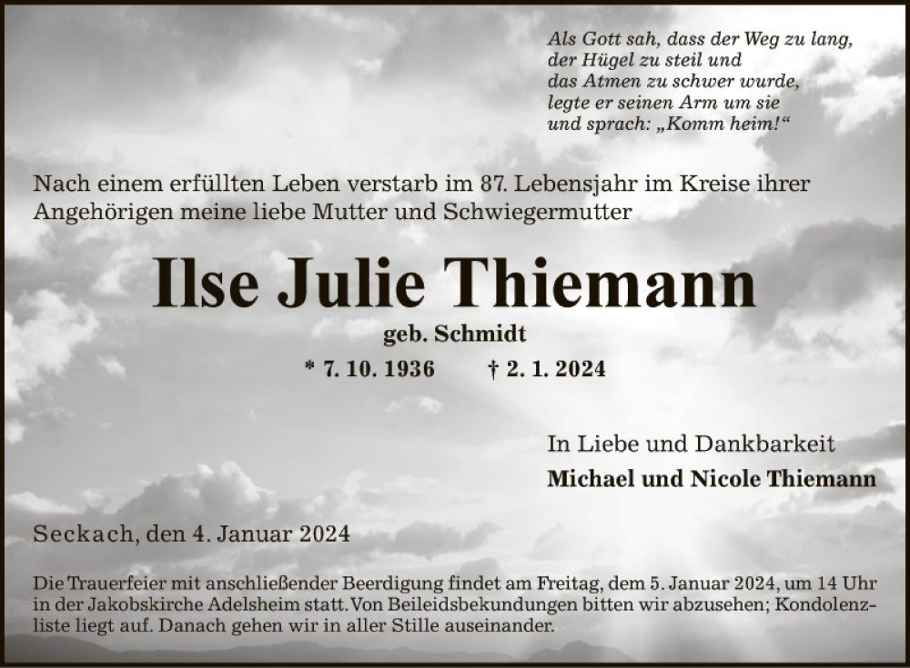  Traueranzeige für Ilse  Thiemann vom 04.01.2024 aus Fränkische Nachrichten