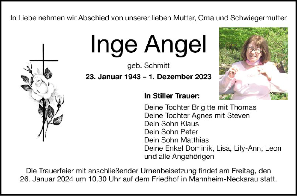  Traueranzeige für Inge Angel vom 20.01.2024 aus Mannheimer Morgen