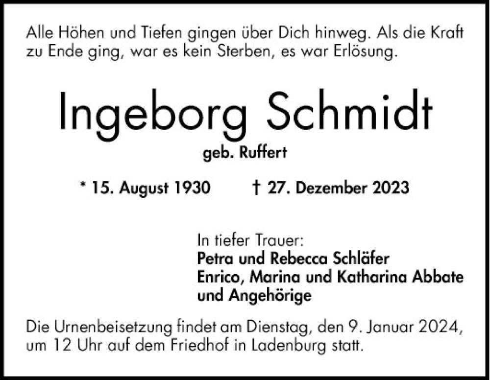  Traueranzeige für Ingeborg Schmidt vom 05.01.2024 aus Mannheimer Morgen