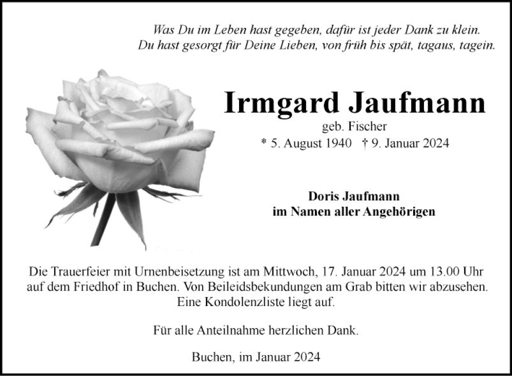  Traueranzeige für Irmgard Jaufmann vom 13.01.2024 aus Fränkische Nachrichten