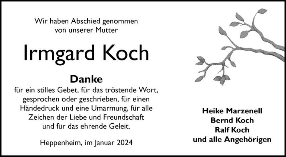  Traueranzeige für Irmgard Koch vom 20.01.2024 aus Bergsträßer Anzeiger