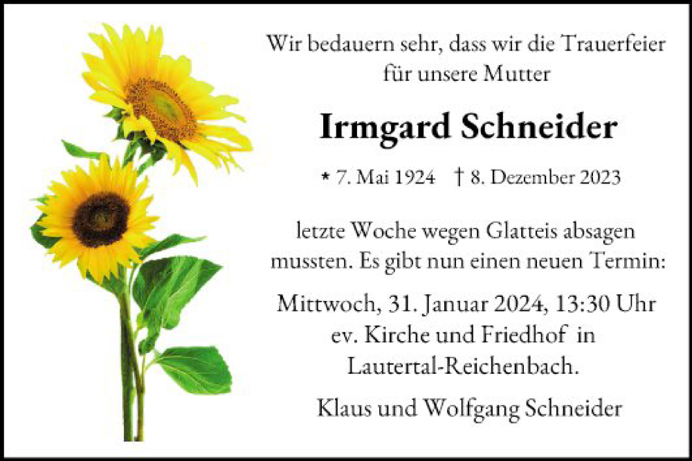  Traueranzeige für Irmgard Schneider vom 27.01.2024 aus Bergsträßer Anzeiger
