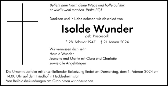 Traueranzeige von Isolde Wunder von Mannheimer Morgen