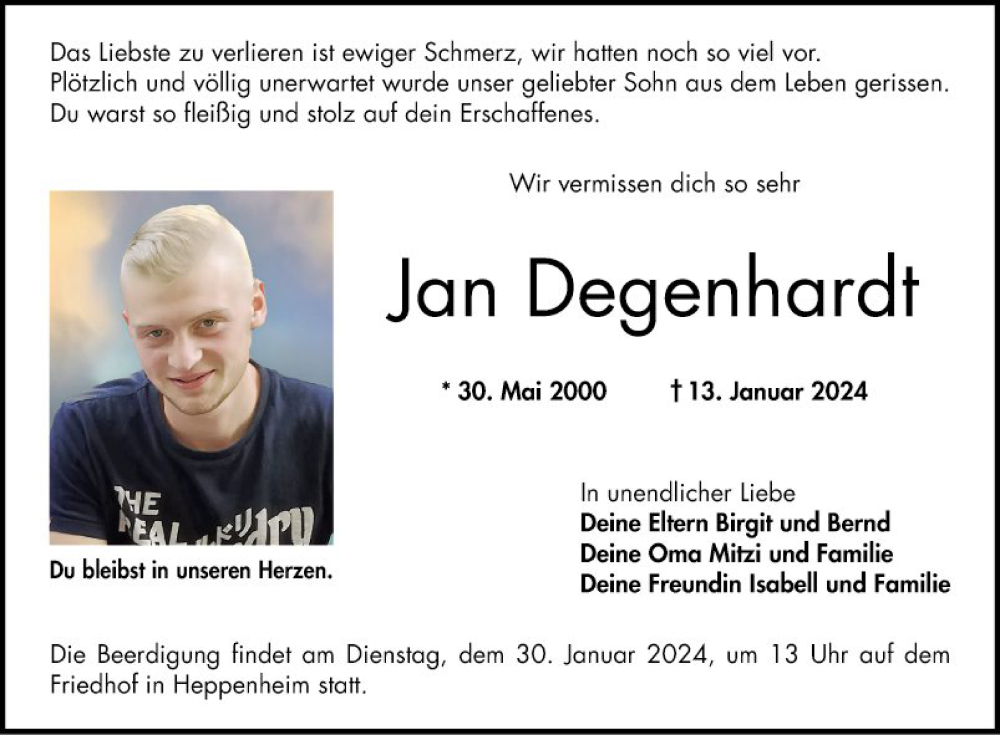  Traueranzeige für Jan Degenhardt vom 27.01.2024 aus Bergsträßer Anzeiger