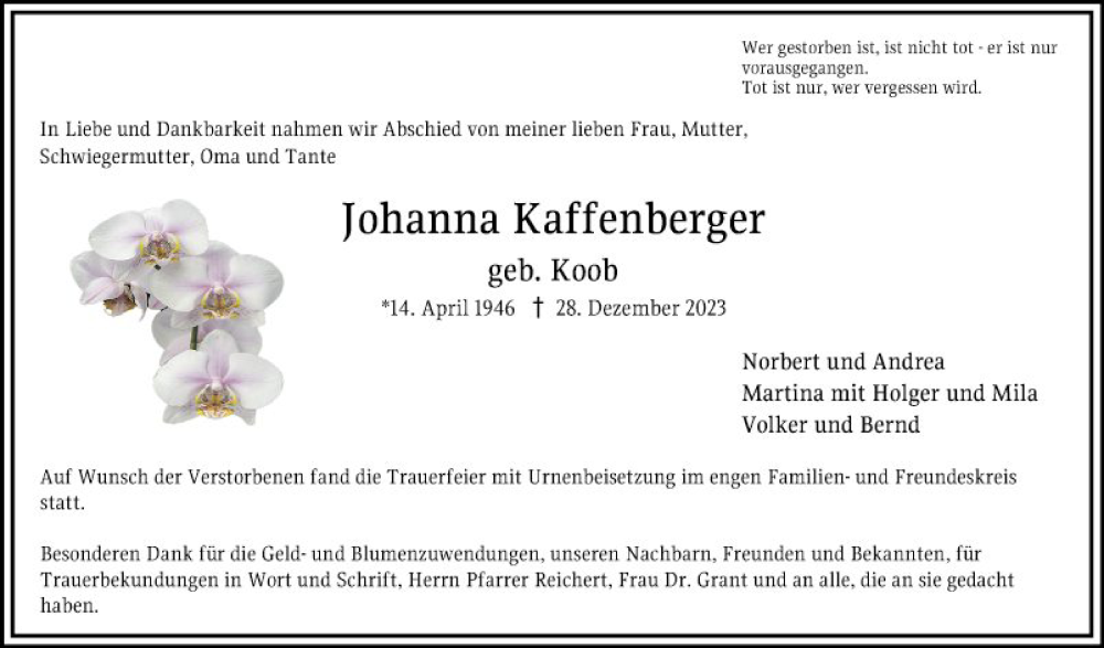  Traueranzeige für Johanna Kaffenberger vom 20.01.2024 aus Bergsträßer Anzeiger