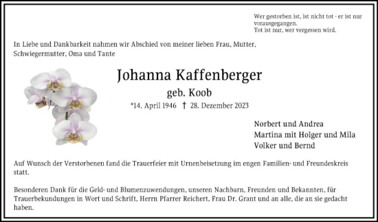 Traueranzeige von Johanna Kaffenberger von Bergsträßer Anzeiger
