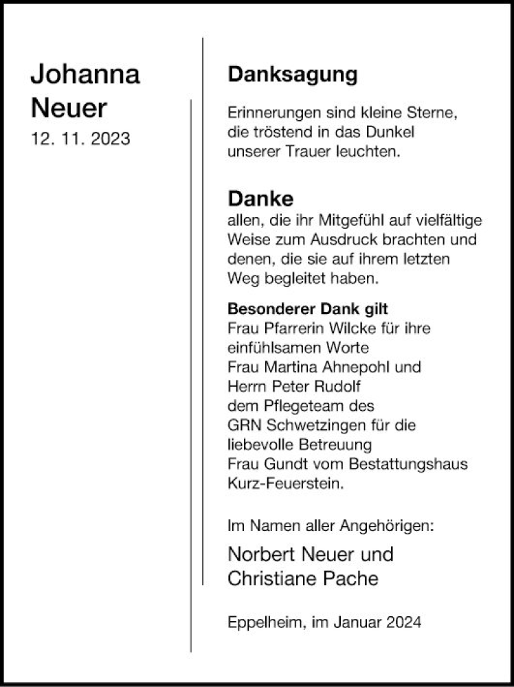  Traueranzeige für Johanna Neuer vom 13.01.2024 aus Schwetzinger Zeitung