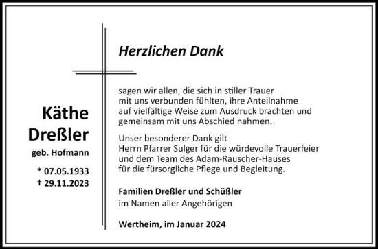Traueranzeige von Käthe Dreßler von Fränkische Nachrichten