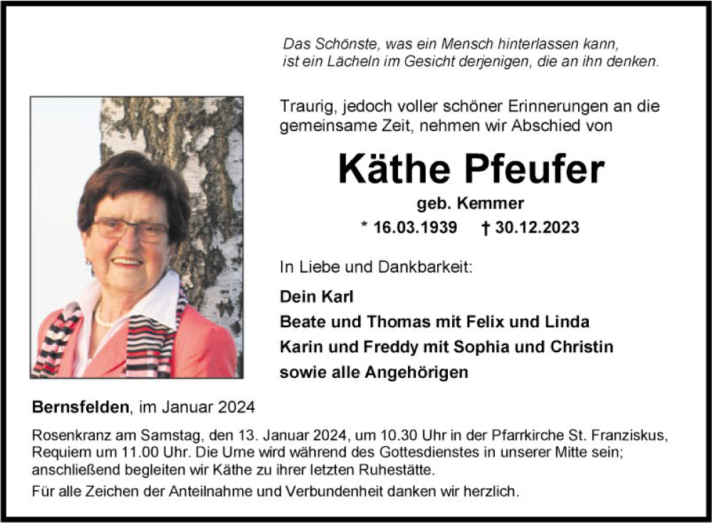  Traueranzeige für Käthe Pfeufer vom 10.01.2024 aus Fränkische Nachrichten