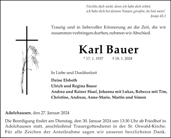 Traueranzeige von Karl Bauer von Fränkische Nachrichten