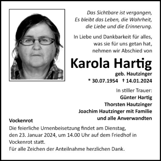 Traueranzeige von Karola Hartig von Fränkische Nachrichten