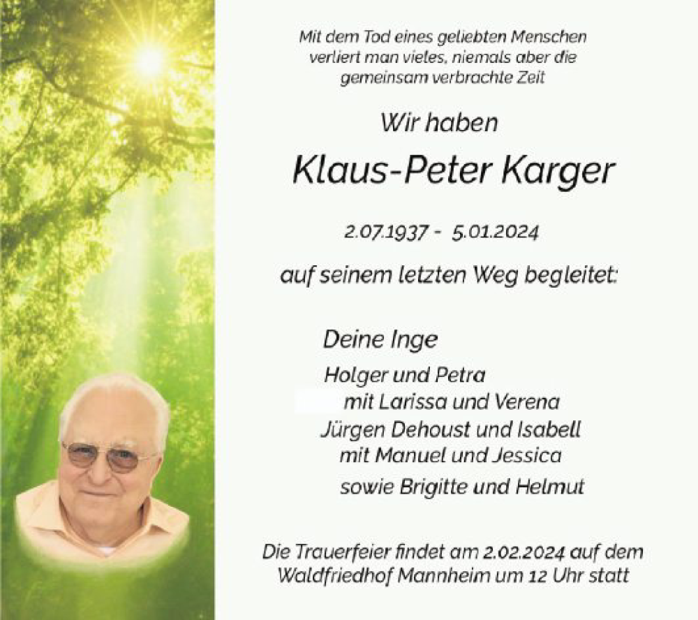  Traueranzeige für Klaus-Peter Karger vom 27.01.2024 aus Mannheimer Morgen