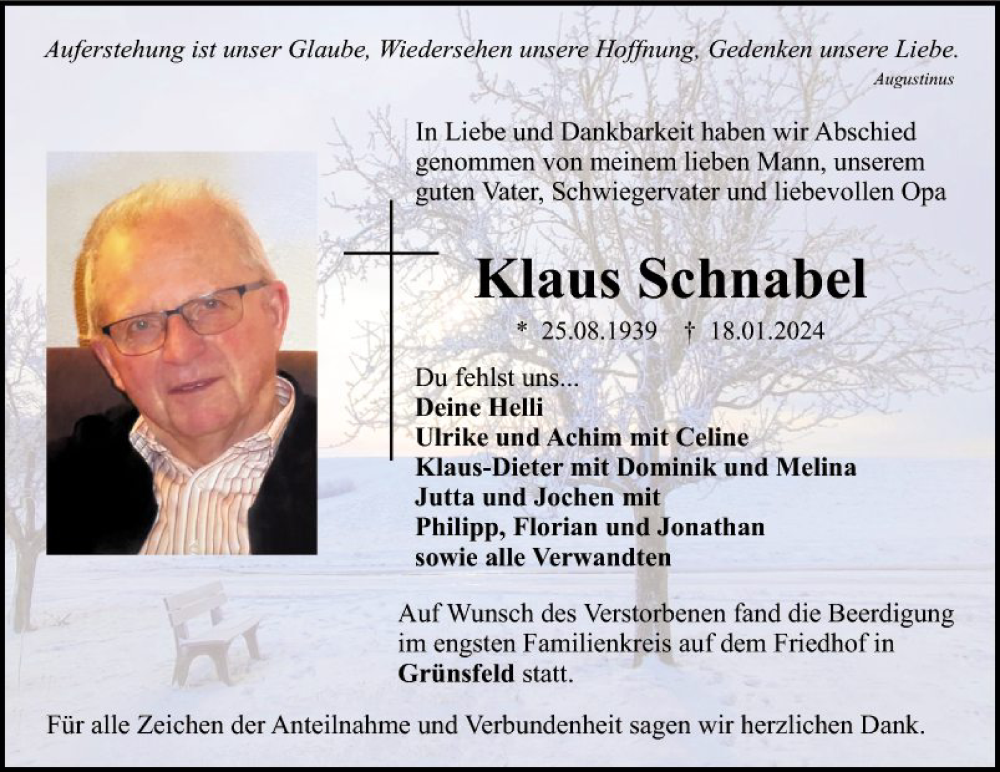  Traueranzeige für Klaus Schnabel vom 27.01.2024 aus Fränkische Nachrichten