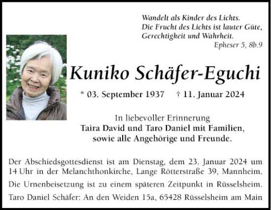 Traueranzeige von Kuniko Schäfer-Eguchi von Mannheimer Morgen