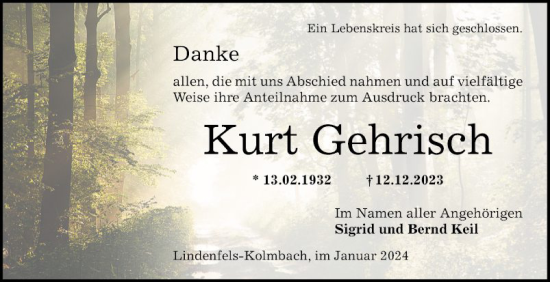 Traueranzeige von Kurt Gehrisch von Bergsträßer Anzeiger