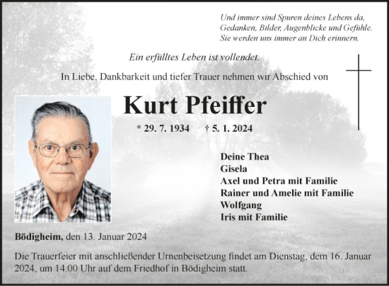 Traueranzeige von Kurt Pfeiffer von Fränkische Nachrichten