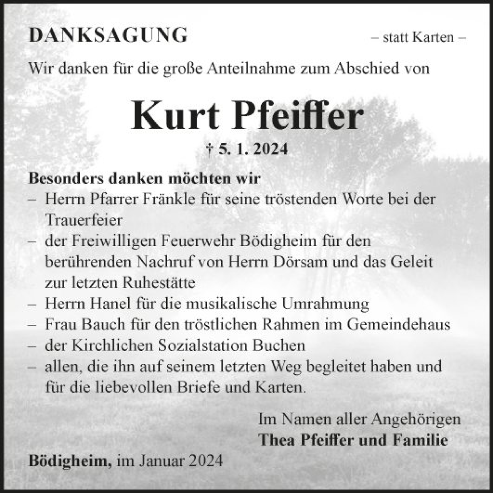  Traueranzeige für Kurt Pfeiffer vom 27.01.2024 aus Fränkische Nachrichten