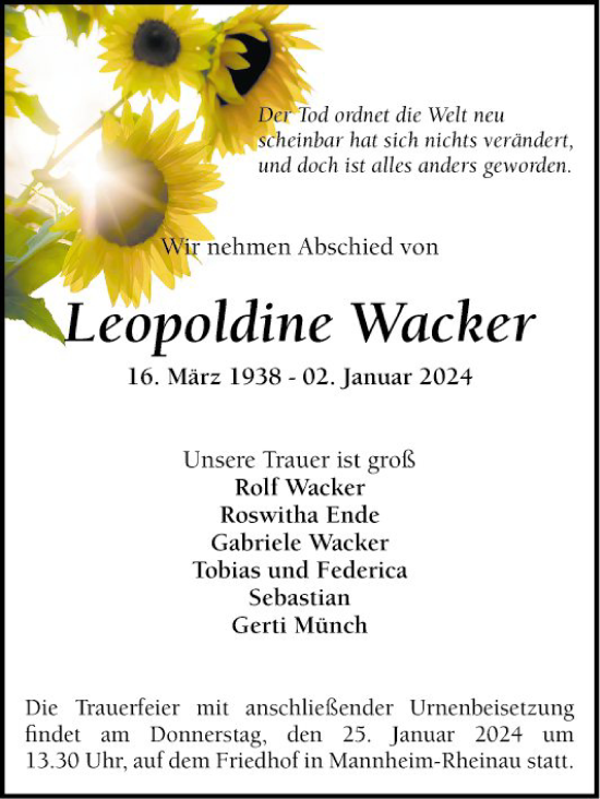 Traueranzeige von Leopoldine Wacker von Mannheimer Morgen