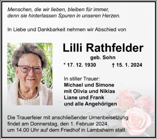 Traueranzeige von Lilli Rathfelder von Mannheimer Morgen